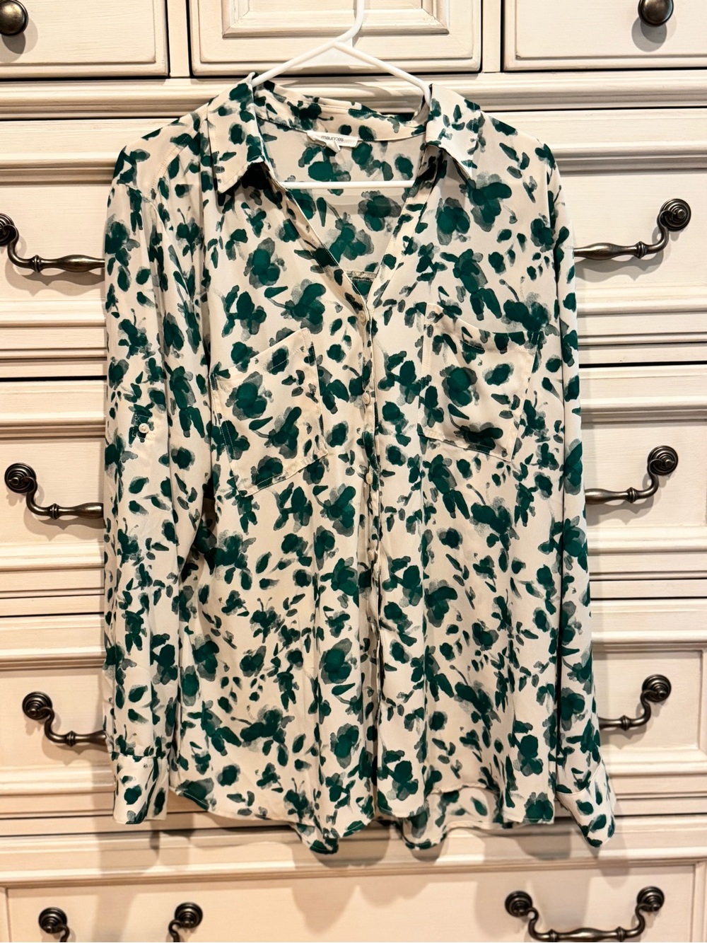 Maurices Cream Blouse with Green Floral Print